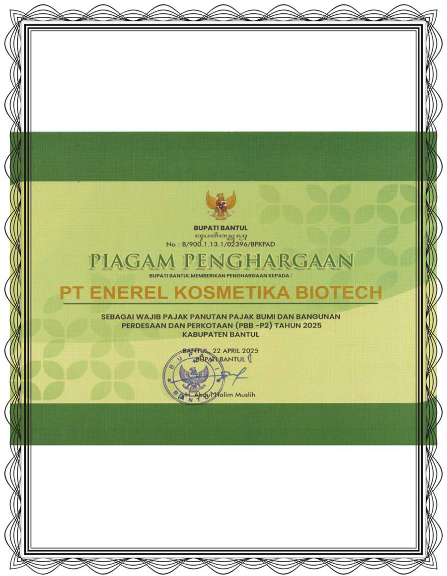 Sertifikat penghargaan PT Enerel Kosmetika Biotech dari Bupati Bantul